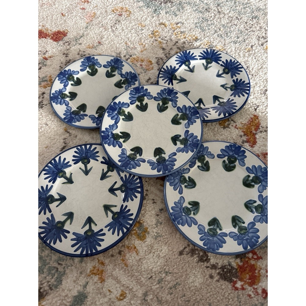 5 Louisville Stoneware Pottery Bachelor Button Salad Plates 8" Blue Cornflower